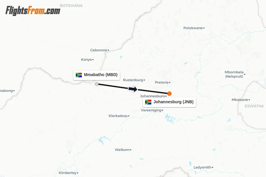 Flights from Mmabatho to Johannesburg route map