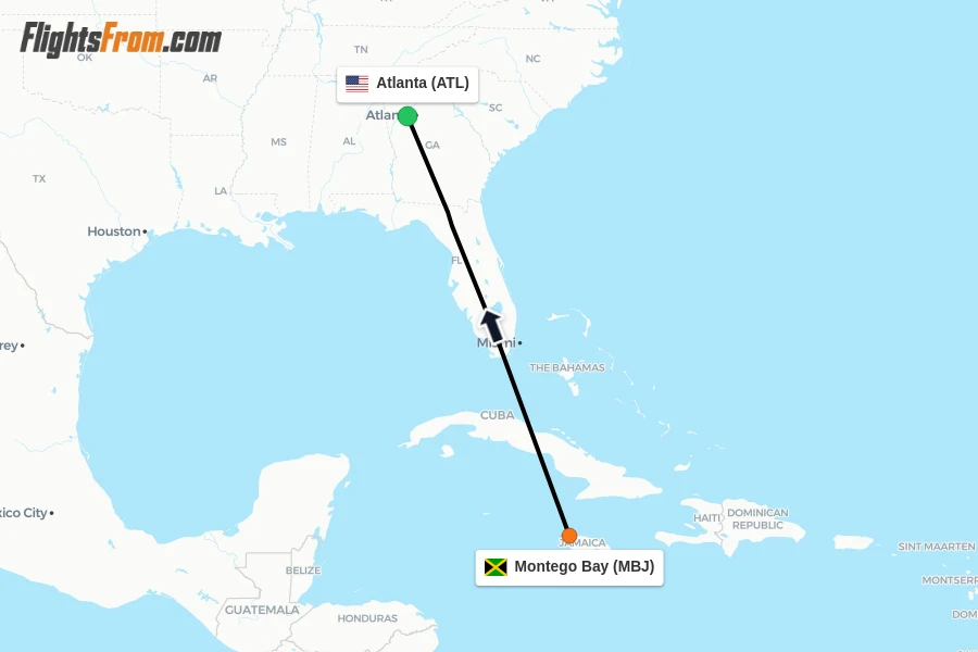 Flights from Montego Bay to Atlanta route map