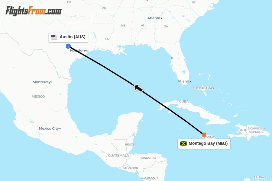 Flights from Montego Bay to Austin route map
