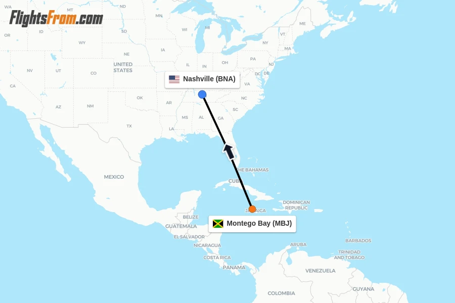 Flights from Montego Bay to Nashville route map