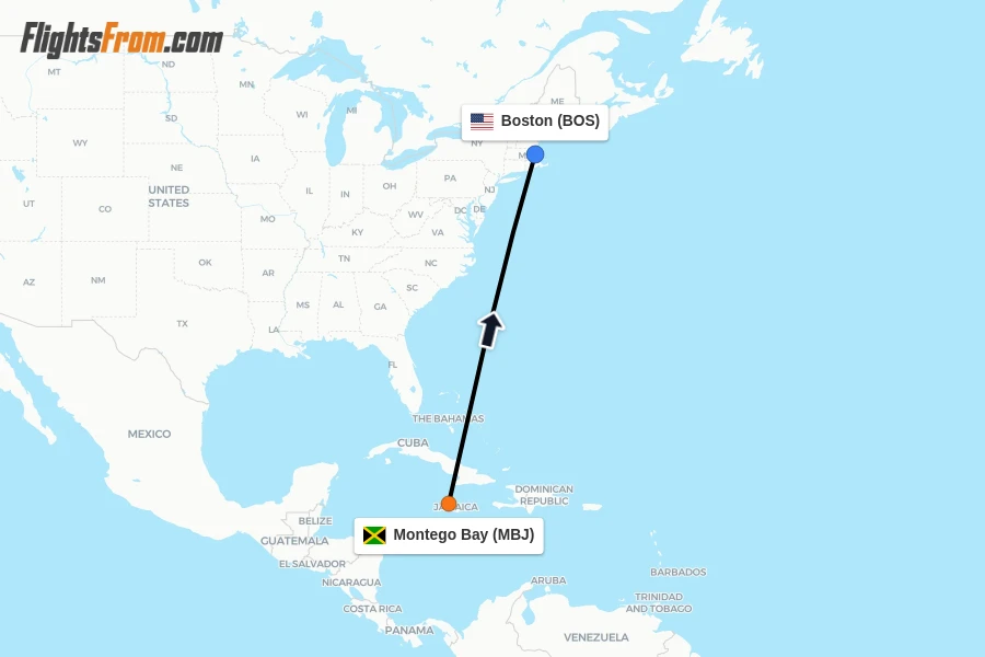 Flights from Montego Bay to Boston route map
