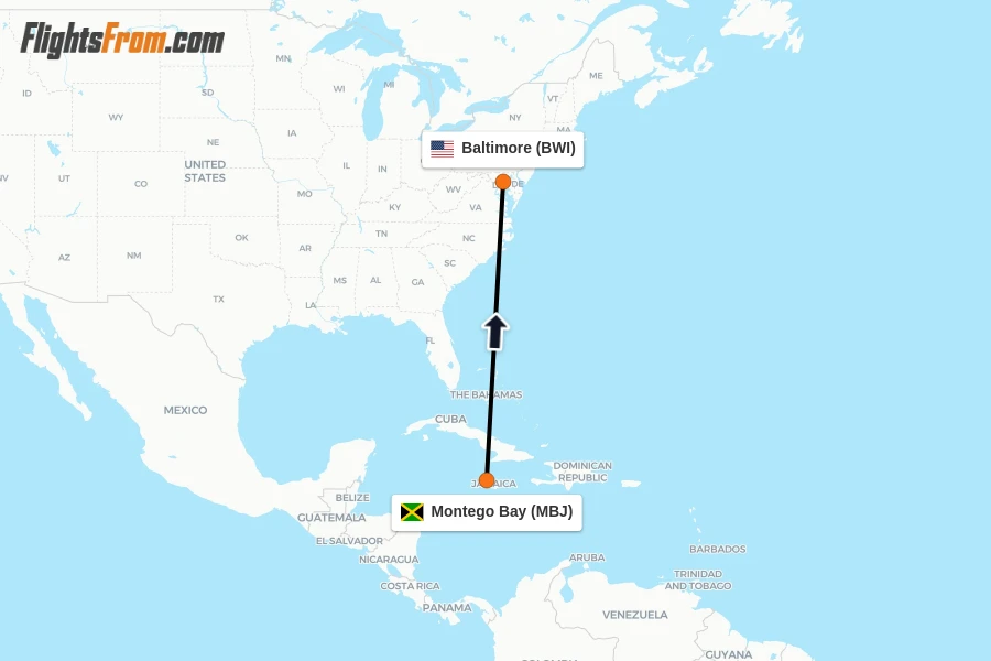 Flights from Montego Bay to Baltimore route map