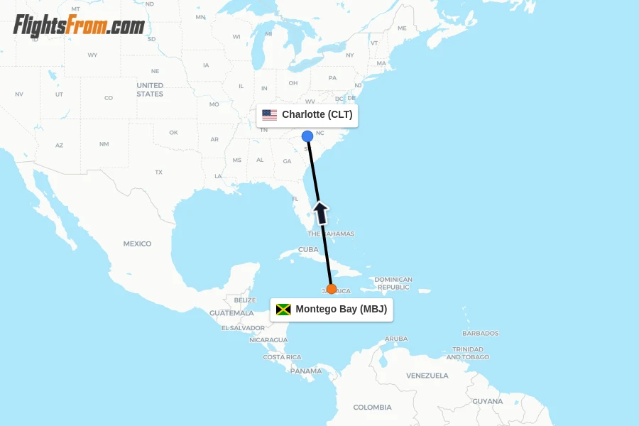 Flights from Montego Bay to Charlotte route map