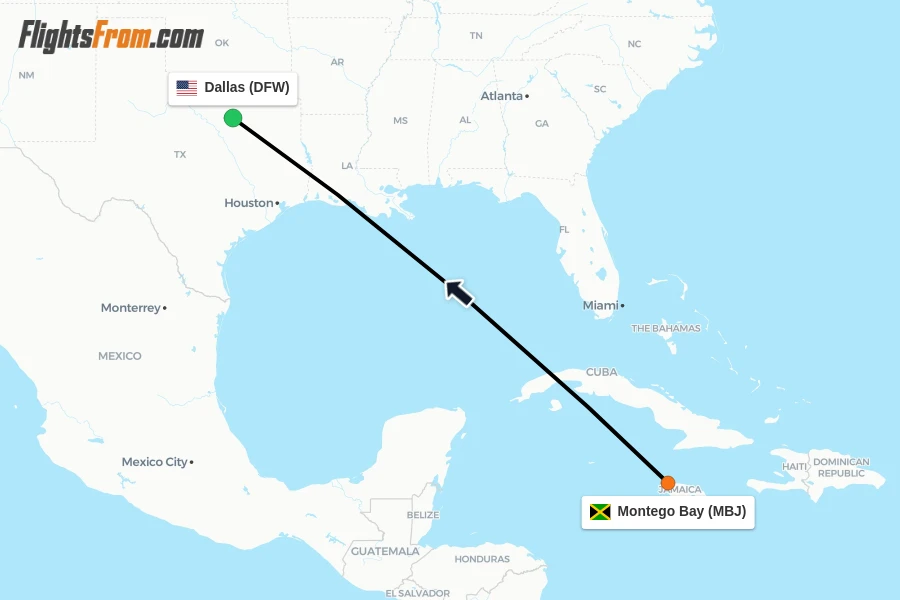 Flights from Montego Bay to Dallas route map