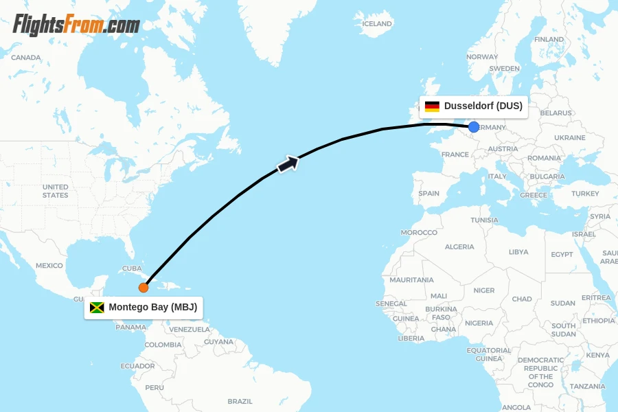 Flights from Montego Bay to Dusseldorf route map