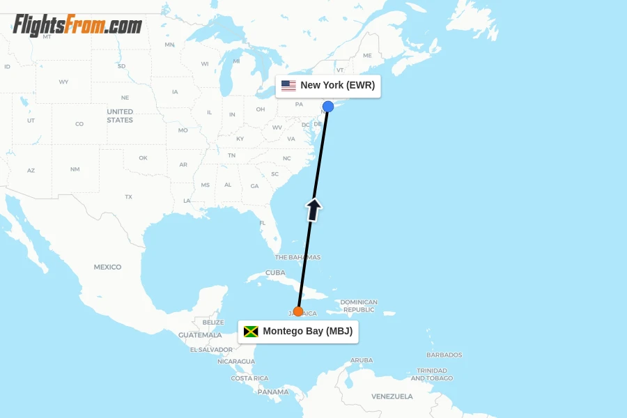 Flights from Montego Bay to New York route map