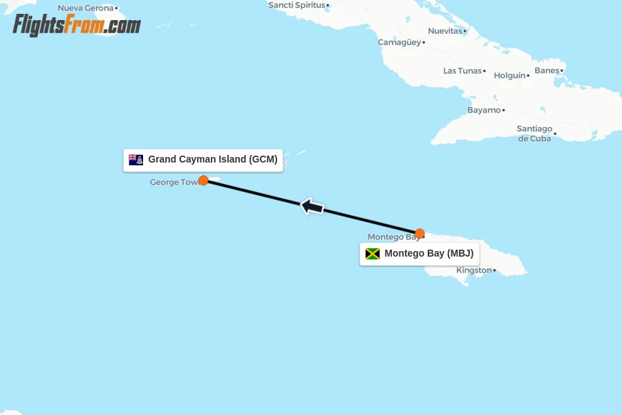 Flights from Montego Bay to Grand Cayman Island route map