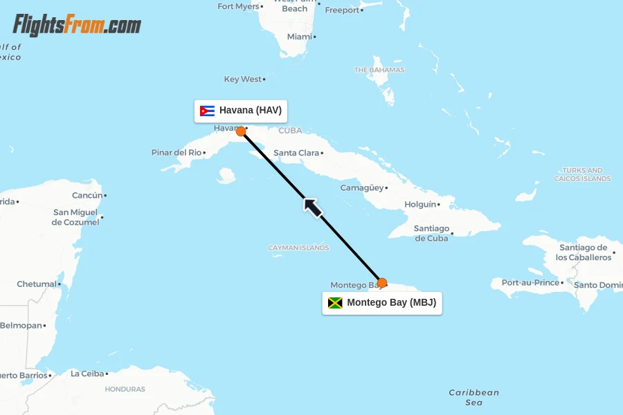 Flights from Montego Bay to Havana route map