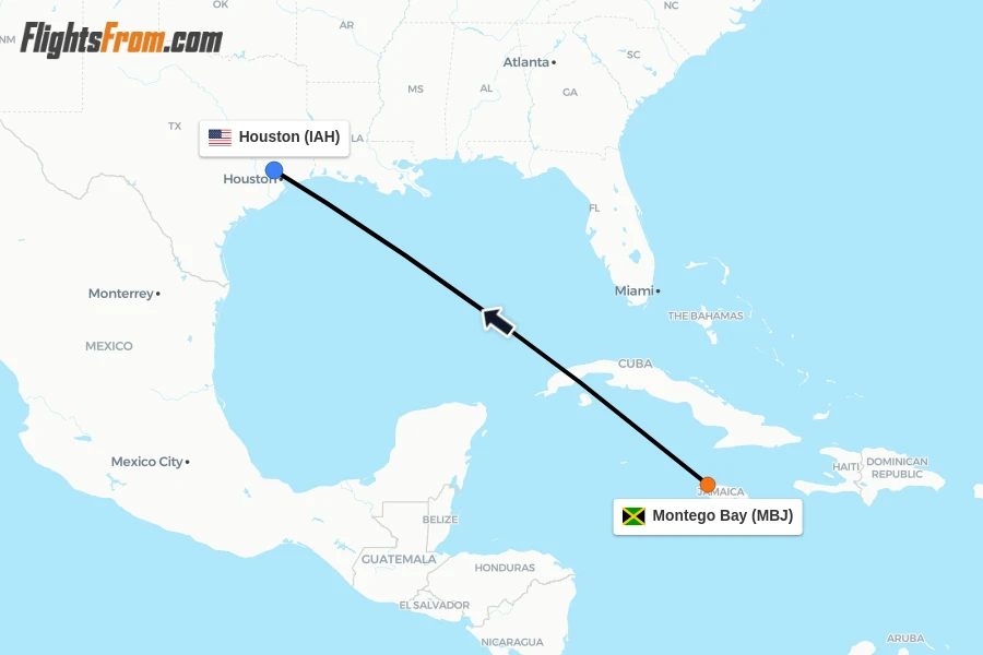 Flights from Montego Bay to Houston route map