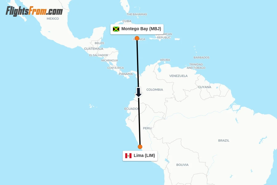 Flights from Montego Bay to Lima route map