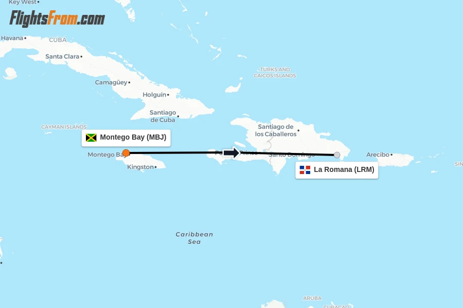 Flights from Montego Bay to La Romana route map