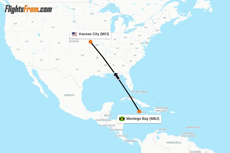 Flights from Montego Bay to Kansas City route map