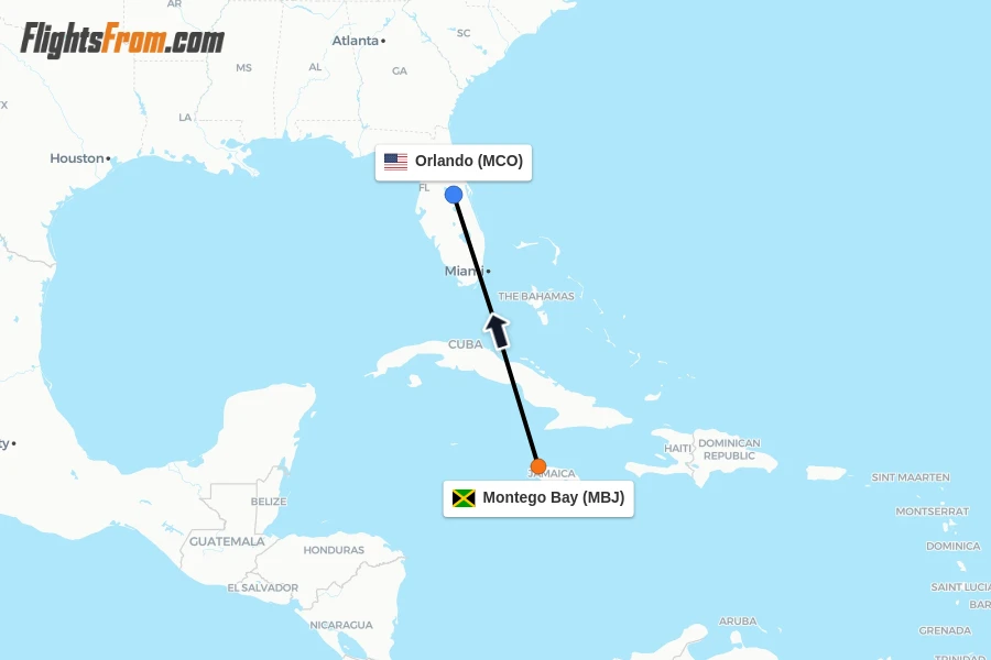Flights from Montego Bay to Orlando route map