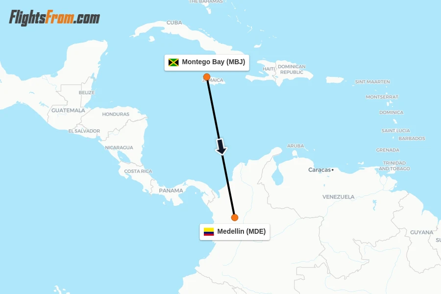 Flights from Montego Bay to Medellin route map