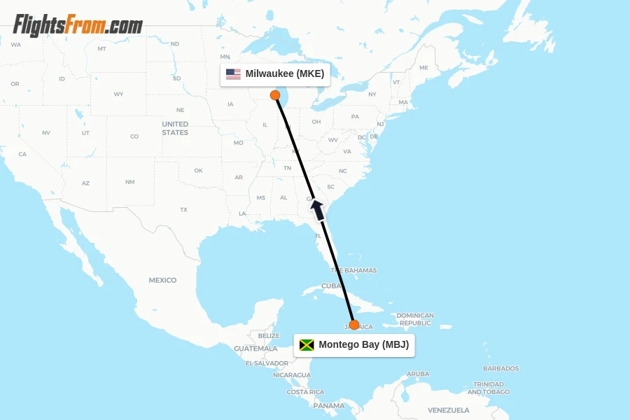 Flights from Montego Bay to Milwaukee route map