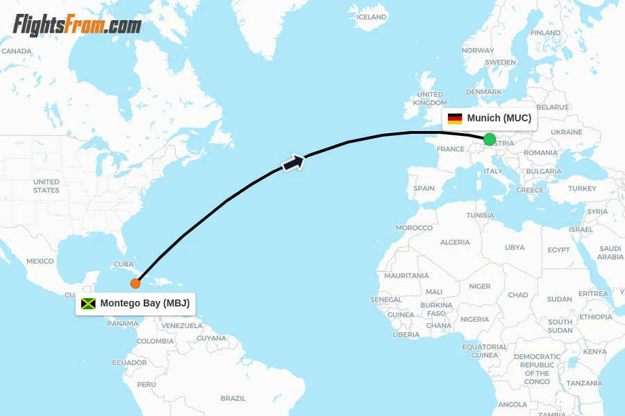 Flights from Montego Bay to Munich route map