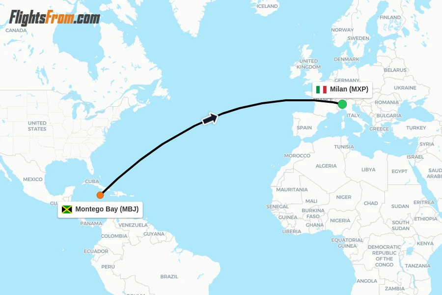 Flights from Montego Bay to Milan route map
