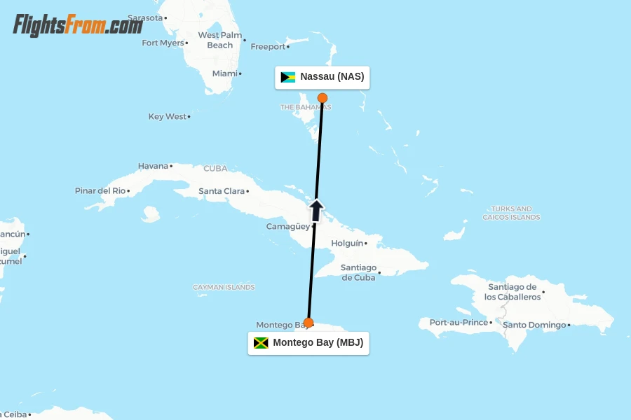 Flights from Montego Bay to Nassau route map