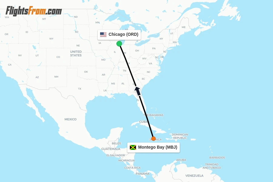 Flights from Montego Bay to Chicago route map