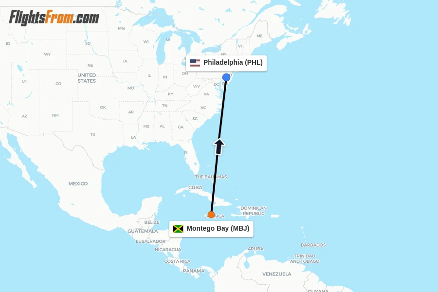 Flights from Montego Bay to Philadelphia route map
