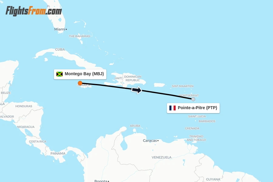 Flights from Montego Bay to Pointe-a-Pitre route map