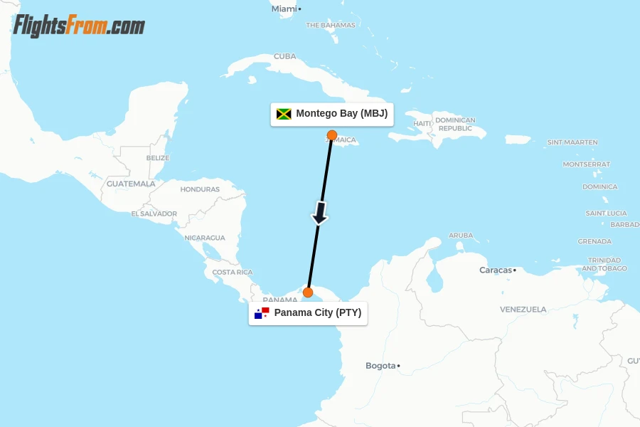 Flights from Montego Bay to Panama City route map