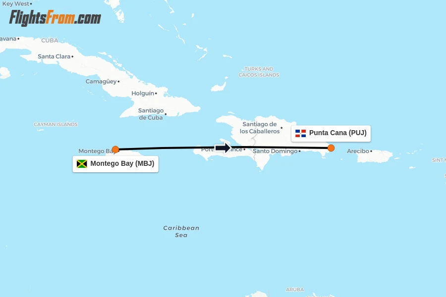 Flights from Montego Bay to Punta Cana route map