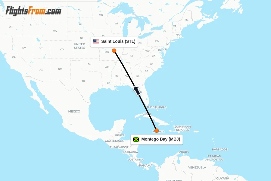 Flights from Montego Bay to Saint Louis route map