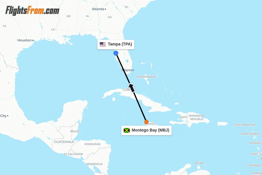 Flights from Montego Bay to Tampa route map