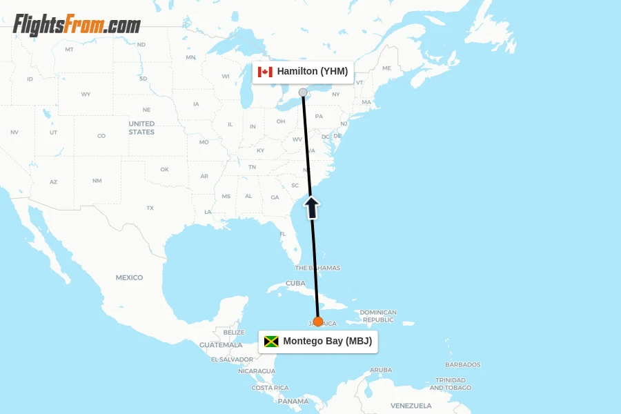 Flights from Montego Bay to Hamilton route map