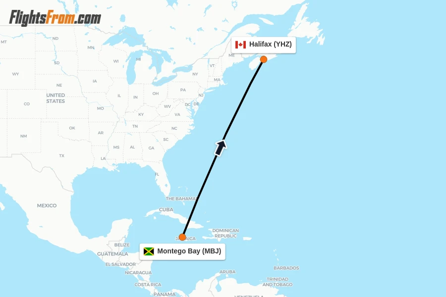 Flights from Montego Bay to Halifax route map