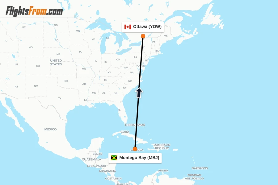 Flights from Montego Bay to Ottawa route map