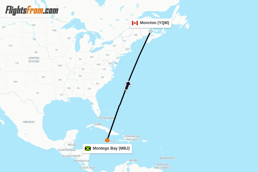Flights from Montego Bay to Moncton route map