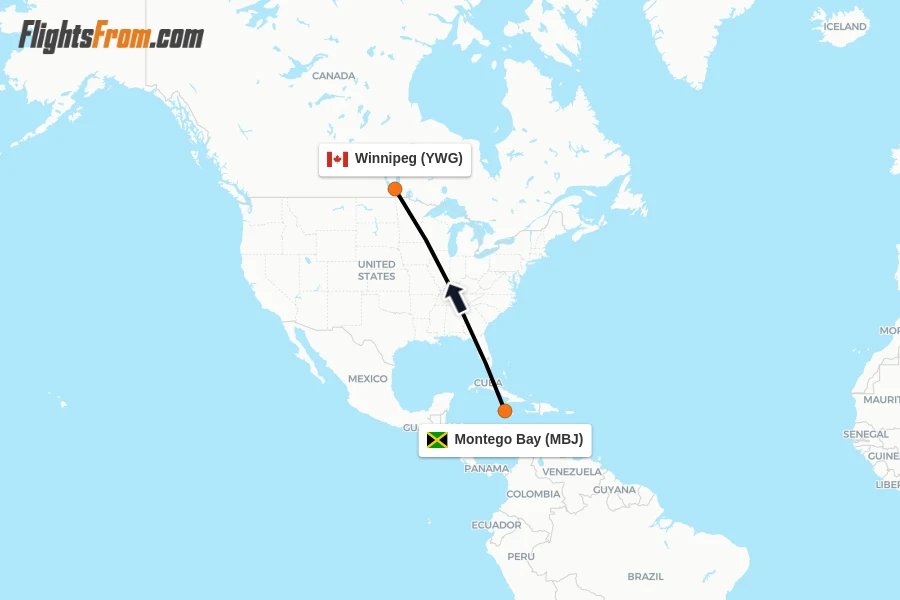 Flights from Montego Bay to Winnipeg route map