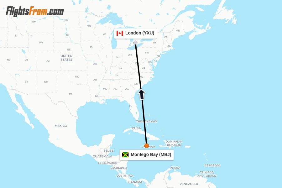 Flights from Montego Bay to London route map