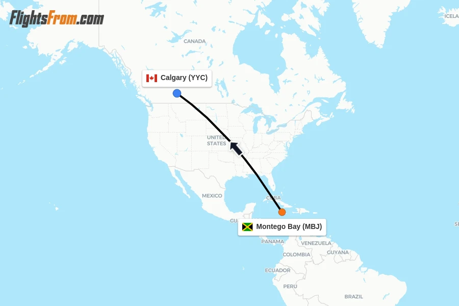 Flights from Montego Bay to Calgary route map