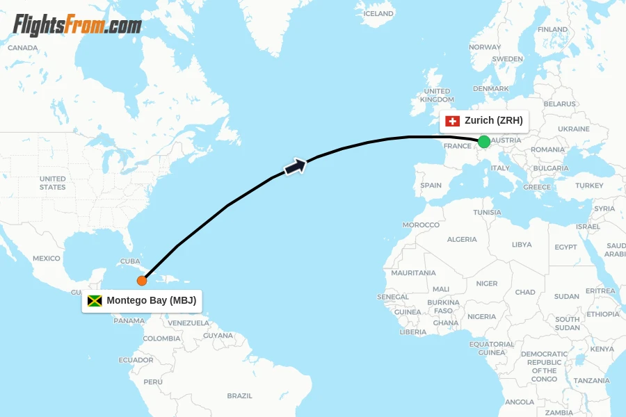 Flights from Montego Bay to Zurich route map