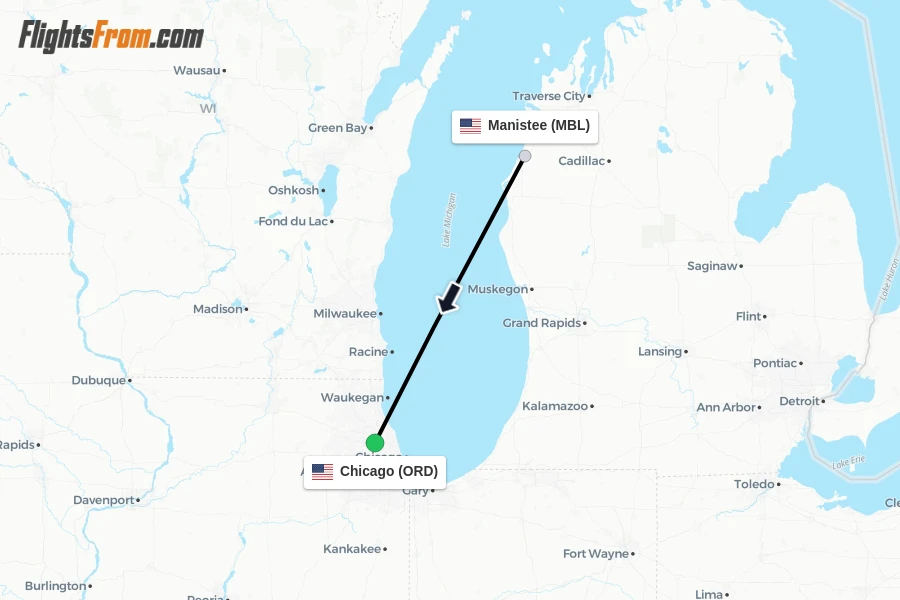 Flights from Manistee to Chicago route map