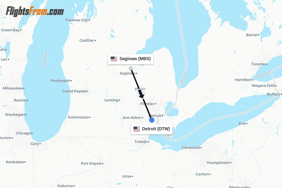 Flights from Saginaw to Detroit route map