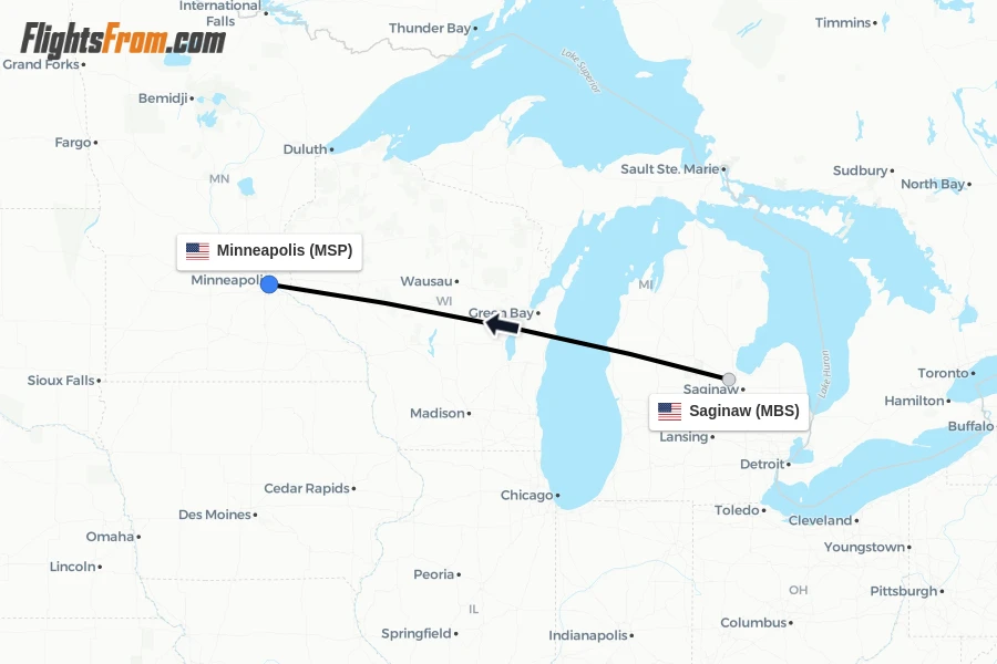 Flights from Saginaw to Minneapolis route map