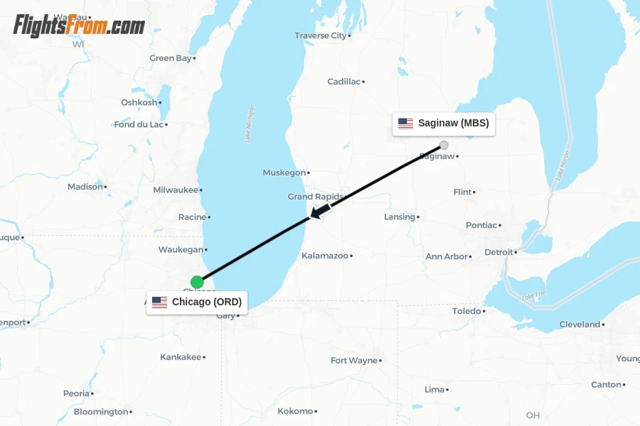 Flights from Saginaw to Chicago route map