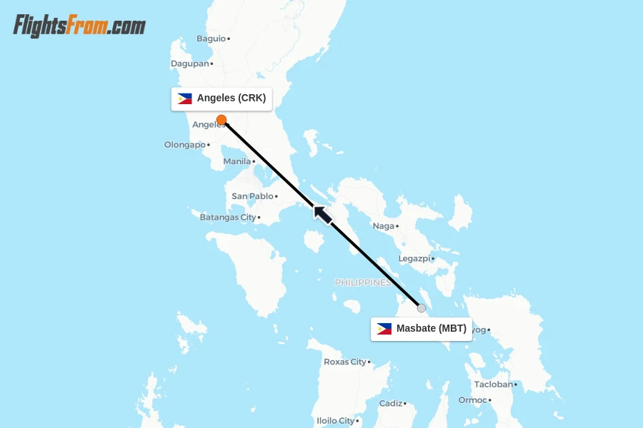 Flights from Masbate to Angeles route map