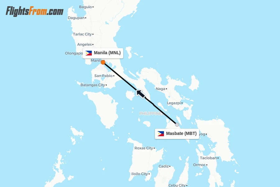 Flights from Masbate to Manila route map