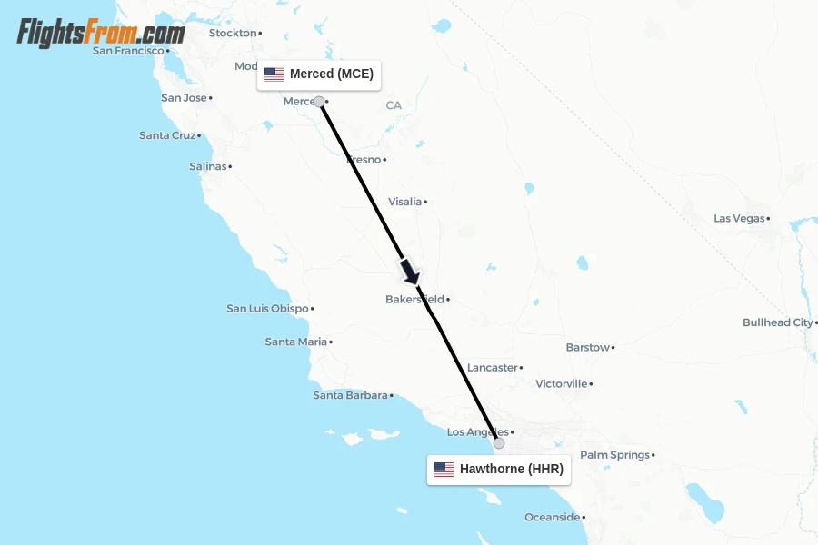 Flights from Merced to Hawthorne route map