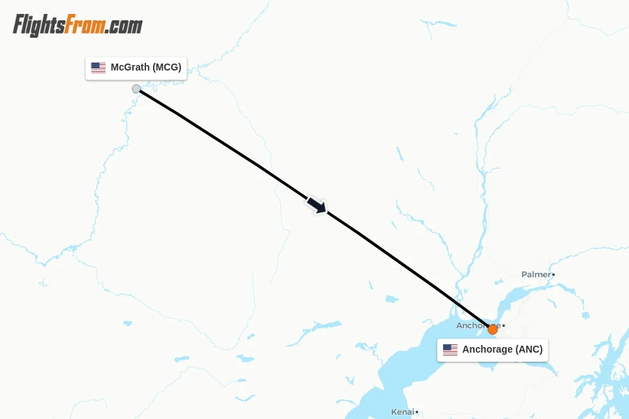 Flights from McGrath to Anchorage route map