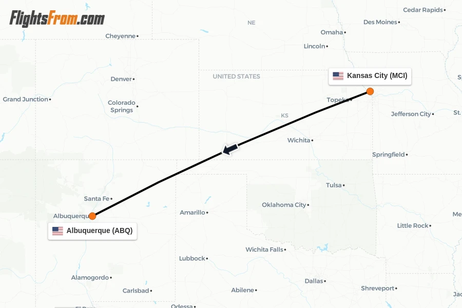 Flights from Kansas City to Albuquerque route map
