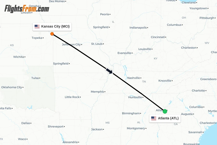 Flights from Kansas City to Atlanta route map