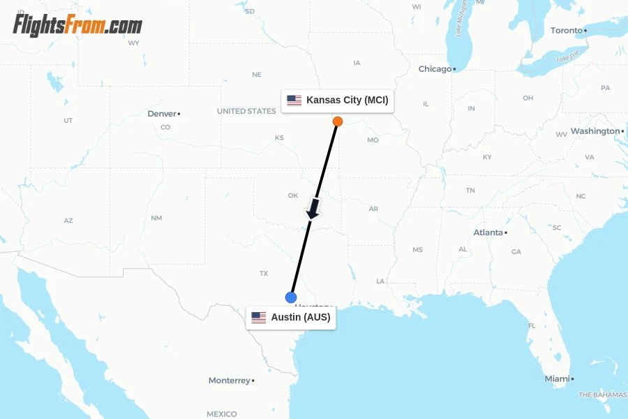 Flights from Kansas City to Austin route map