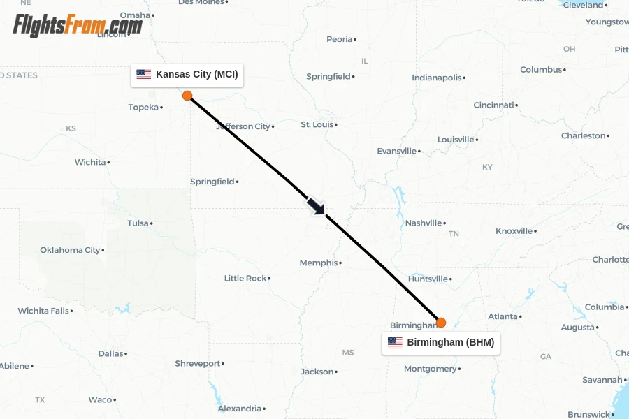 Flights from Kansas City to Birmingham route map