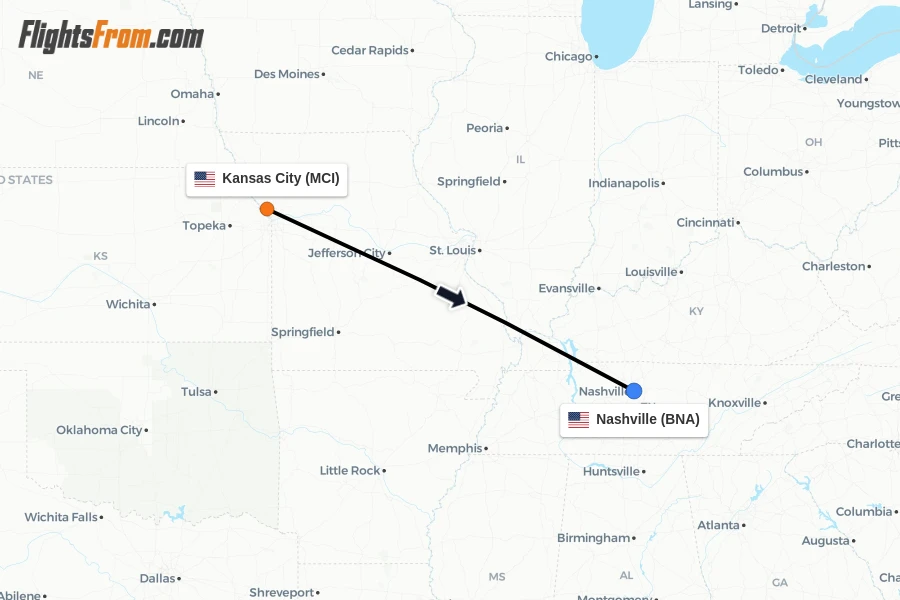 Flights from Kansas City to Nashville route map